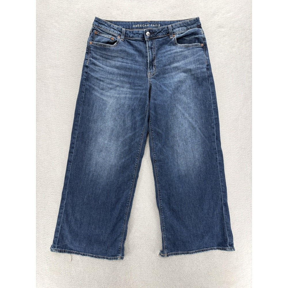 American Eagle Low Rise Baggy Wide Leg Jeans Womens 14 Blue Med Wash Stretch